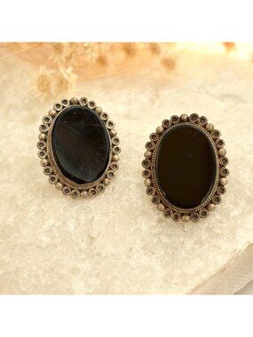 Taxco Mexico Black Onyx Screw Back 925 Sterling Silver Vintage Stud Earrings
